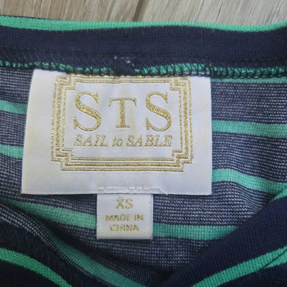 Sail To Sable striped green and navy blue midi dress gold toned buttons xs xsmal